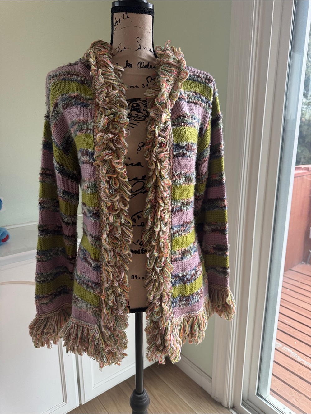 UNIF Pink & Olive Green Striped Fringe Knit Cardigan